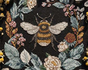 Witchy Bee Cross Stitch Pattern – Vintage Floral Embroidery PDF CS102
