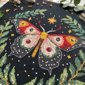 Op de afbeelding: Kruissteekkunst met een gedetailleerde vlinder met rode, gele en crèmekleurige vleugels, tegen een zwarte achtergrond. Het ontwerp bevat groene bladeren, sterren en een gele zonnestraal. Het kunstwerk is ingelijst en klaar om te worden tentoongesteld.