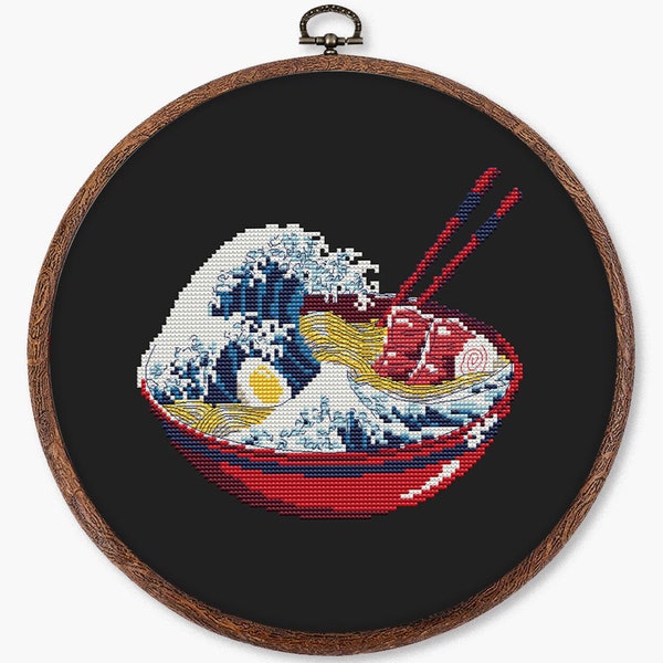 Ramen cross stitch pattern PDF - digital download – The Great Wave off Kanagawa kawaii anime noodle food kitchen japanese asian funny CS65