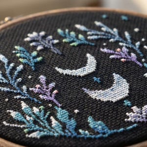 Winter witch cross stitch pattern PDF - moon phases astronomy forest decor black background mother nature night - digital download CS118 image 3