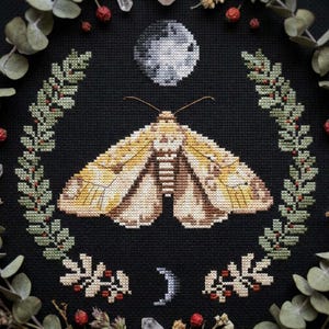 May include: Cross-stitch design featuring a moth with tan and yellow wings, a crescent moon, and a full moon on a black background. The moth is surrounded by a green and red floral wreath. The design is framed by dried leaves and berries.