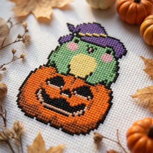 Cute halloween toad cross stitch pattern PDF - autumn funny pumpkin frog cute witch kawaii fall small gift - digital download CS165
