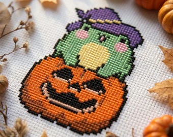 Cute halloween toad cross stitch pattern PDF - autumn funny pumpkin frog cute witch kawaii fall small gift - digital download CS165