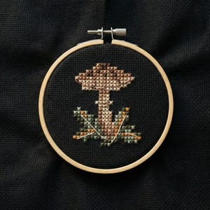 Puede incluir: Bordado de punto de cruz de un hongo en un aro de madera. El hongo es marr&oacute;n y beige, con follaje verde y beige. El fondo es negro.