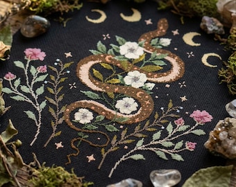 Gothic snake cross stitch pattern PDF - flowers crescent moon witchy reptile nature floral dark serpent - digital download CS155