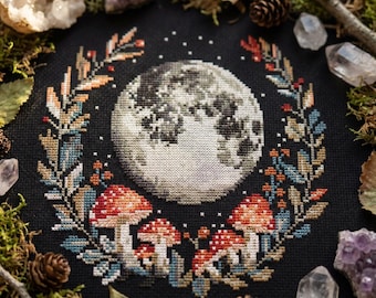 Amanita and moon cross stitch pattern PDF - digital download CS30