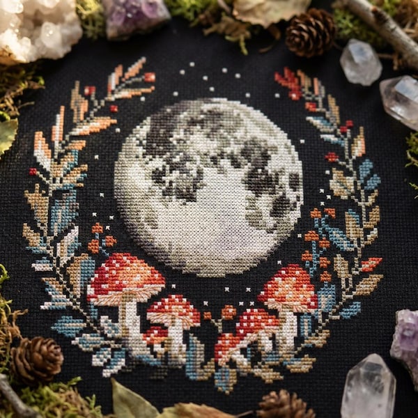 Amanita and moon cross stitch pattern PDF - digital download CS30