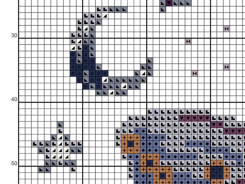 Puede incluir: Patr&oacute;n de punto de cruz con una luna creciente, estrellas y un cuerpo celeste. El dise&ntilde;o utiliza tonos de azul, gris y marr&oacute;n sobre un fondo blanco. El patr&oacute;n se muestra en una cuadr&iacute;cula.
