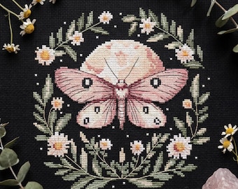 Pastel pink moth cross stitch pattern PDF - moth butterfly insect witch forest nature wiccan embroidery gothic - digital download CS149