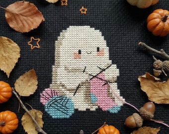 Padrão de Ponto Cruz de Fantasma Fofo para Tricotar – PDF de Bordado de Halloween, Decoração Aconchegante e Assustadora, Fantasma com Bastidor de Lã, Download Instantâneo CS58