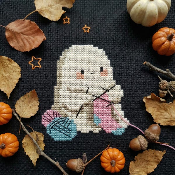 Patrón de punto de cruz de fantasma adorable – Bordado de Halloween en PDF, decoración acogedora y espeluznante, fantasma con bastidor de hilo, descarga instantánea CS58