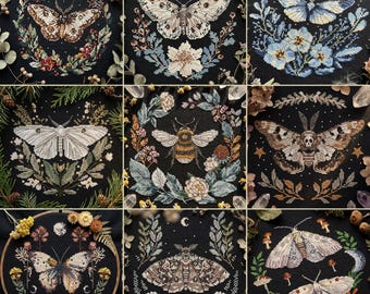 May include: A collection of nine cross-stitch embroidery pieces featuring moths and insects. Each piece is set against a black background and framed with floral and botanical elements. The color palette includes earthy tones, blues, and greens.