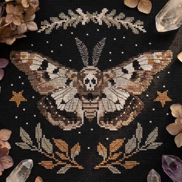 Death head moth cross stitch pattern PDF - black witch craft crescent moon butterfly insect modern gothic - digital download CS145