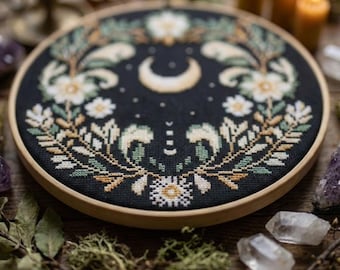 Imbolc Moon Cross Stitch - Witchy Spring Floral Design - digital download CS47