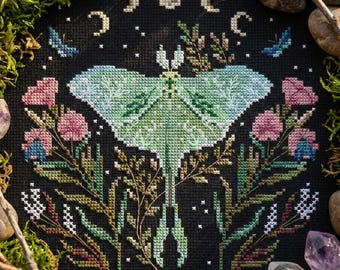 Luna moth cross stitch pattern PDF - digital download - gothic witchy moon phase nature floral modern insect night embroidery mystical CS61