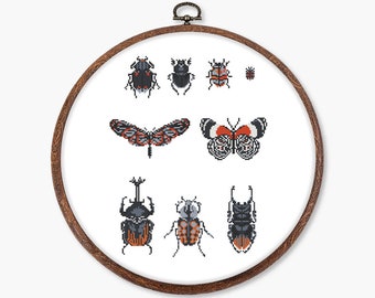 Pinned insect cross stitch pattern PDF - entomology gift nature modern easy bug small butterfly beetles summer - digital download CS152