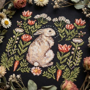 Peut inclure: Une broderie au point de croix sur tissu noir représentant un lapin brun clair central entouré de fleurs orange, de feuillage vert et de petites carottes orange. Le motif inclut des accents floraux blancs et une petite queue blanche.