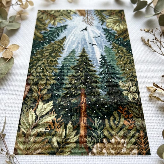 Forest Landscape Cross Stitch Pattern PDF, Mountain Pine Trees Embroidery Chart, Scenic Woodland Nature Decor, Instant Download CS123