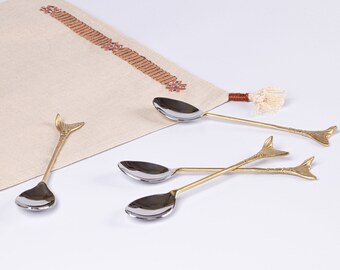 Mermaid Spoons in Brass & Stainless Steel, Cutlery, Dessert Spoons - Set of 4