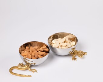 Gecko Nut Bowls - Set of 2, Stainless Steel & Brass Bowls