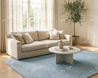 Hand Tufted Sky Blue Wool Rug, Modern Ribbed Scandinavian Design