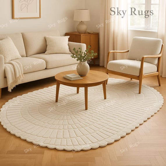 Hand-tufted Oval Shaped Leighton Ivory Wool Area Rug for