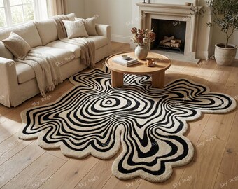 Irregular Abstract Rug, Wavy Organic Shape Area Rug, Modern Black Beige Tufted Rug, Unique Contemporary Statement Carpet