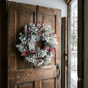 24 Inch Pre Lit Christmas Wreath, 20 LED Lights with Timer, Snowy Pine Cone Berry Wreath, Front Door Indoor Outdoor Holiday Decor