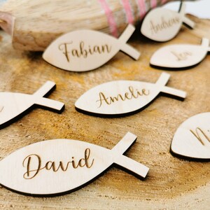 Fische Tischdekoration | personalisierte Platzkarten aus Holz zur Taufe, Kommunion, Konfirmation, Firmung | Gastgeschenk