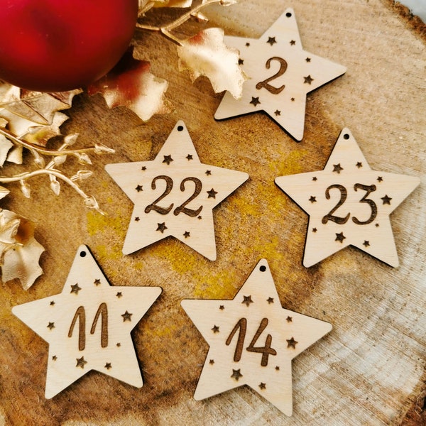 Adventskalenderzahlen aus Holz | 24 Zahlen Anhänger | Weihnachten | Sterne | DIY | Holzanhänger Adventskalender