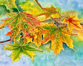 Originele aquarel esdoornblad: herfstkunst aan de muur (A4)