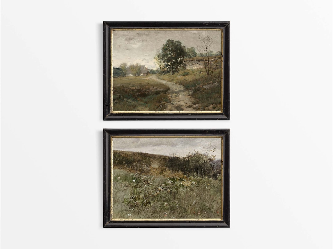 Set of Two Rustic Countryside Oil Paintings, Vintage Meadow Landscape ...