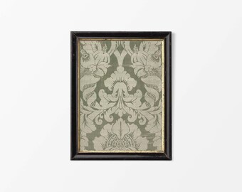 Textilväggkonst med grönt blommönster | Neutralt rustikt vintage-gobelängtryck | Lantlig bondgårdsinredning | FYSISKT papperstryck #0091