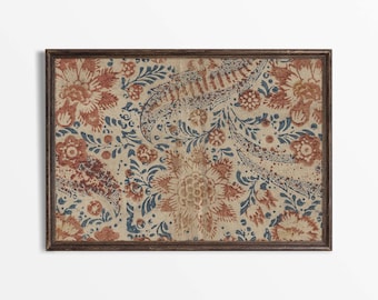 Red Blue Floral Pattern Textile Wall Art | Neutral Vintage Tapestry Print | Antique Country Farmhouse Décor PHYSICAL Paper Print #0213