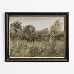 Flower Meadow Vintage Oil Painting, Countryside Cottage Landscape Wall Art Print, Rustic Farmhouse Décor, PHYSICAL Paper Print #0335