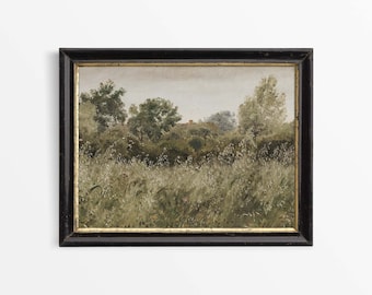 Bloemenwei vintage olieverfschilderij, plattelandshuisje landschap muurkunst print, rustieke boerderij inrichting, fysieke papierprint #0335