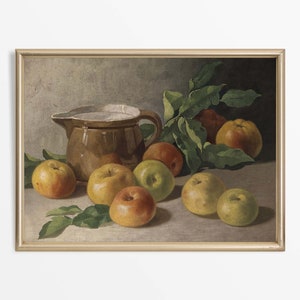 May include: A still life painting depicting a brown ceramic jug and a cluster of apples on a canvas background. The apples are various shades of green, yellow, and red.