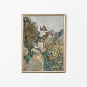Muted French Village Street Scene Oil Painting, Neutral Rustic Vintage Art, Antique European Country Wall Décor, PHYSICAL Paper Print #0530