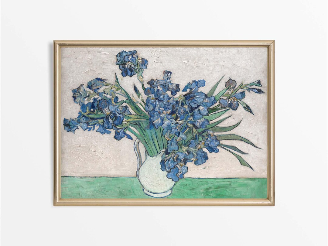 Antique Irises Still Life Oil Painting, Vintage Flower Wall Art, Floral ...