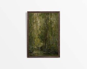 Antike Waldlandschaft Ölgemälde, rustikale Vintage Kunst, Waldlandschaft, Fluss Bäume, PHYSIKALISCHER Papierdruck #0683