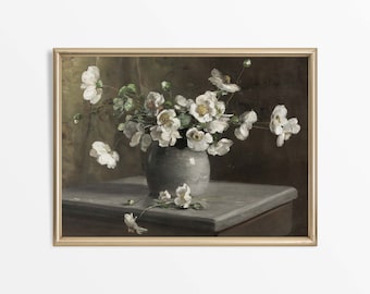 Antique Floral Still Life Oil Painting | Neutral Vintage Art Print | Country Farmhouse Wall Décor PHYSICAL Paper Print #0028