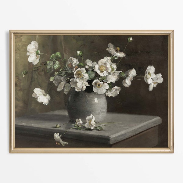 Antique Floral Still Life Oil Painting | Neutral Vintage Art Print | Country Farmhouse Wall Décor PHYSICAL Paper Print #0028