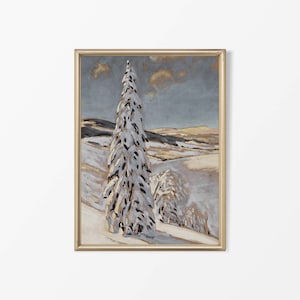 Neutral Christmas Tree Wall Art, Vintage Winter Landscape Oil Painting, Antique Countryside Holiday Snow Décor, PHYSICAL Paper Print #0519