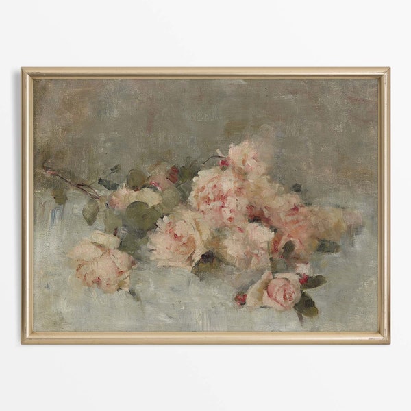 Neutral Minimalist Floral Still Life, Rustic Vintage Rose Oil Painting, Antique Flower Wall Art Print, PHYSICAL Paper Print #0366