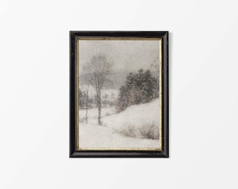 Stämningsfullt vintagevinterlandskap, neutral snöoljemålning, antik festlig juldekor, rustika träd, FYSISKT papperstryck #0722