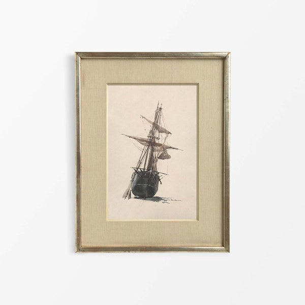 Neutral Antique Fishing Boat Wall Art, Minimalist Vintage Coastal Watercolour Painting, Lake House Décor Sailboat PHYSICAL Paper Print #0583