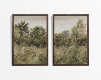May include: Two framed landscape paintings depicting a lush green forest with tall trees and a field of tall grass. The paintings are in a muted color palette of greens, browns, and grays.