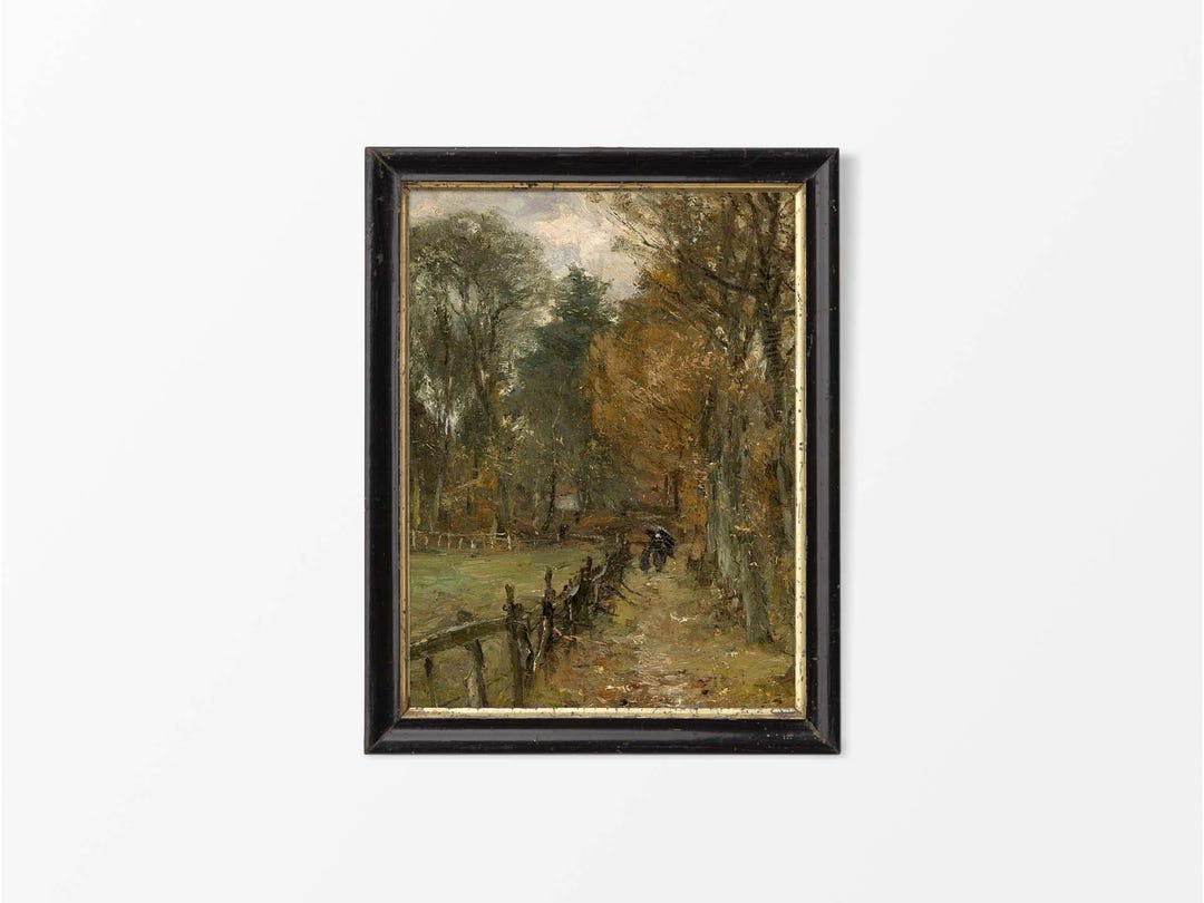 Rustic Vintage Autumn Landscape Oil Painting, Neutral Antique Fall Wall ...