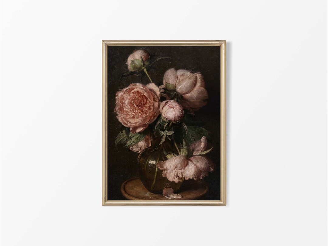 Moody Roses Vintage Still Life Oil Painting, Rustic Antique Flower Vase ...