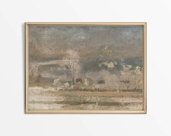 Minimalistiskt vintage vinterlandskap, abstrakt neutral snöoljemålning, antik julfestlig högtidsdekor, FYSISKT papperstryck #0686